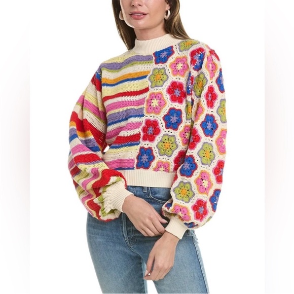 FARM Rio Sweaters - FARM RIO Rainbow Multicolor Crochet Sweater in Size Small